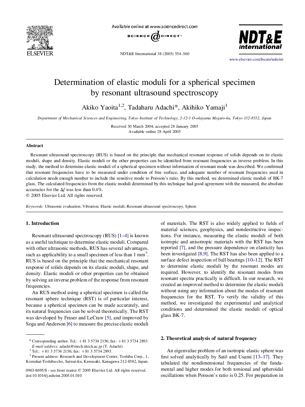 Determination of elastic moduli for a spherical specimen by resonant ultrasound spectroscopy