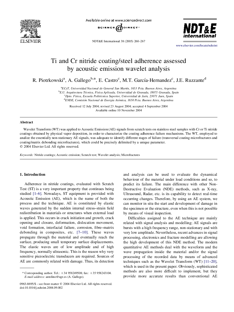 Ti and Cr nitride coating/steel adherence assessed by acoustic emission wavelet analysis