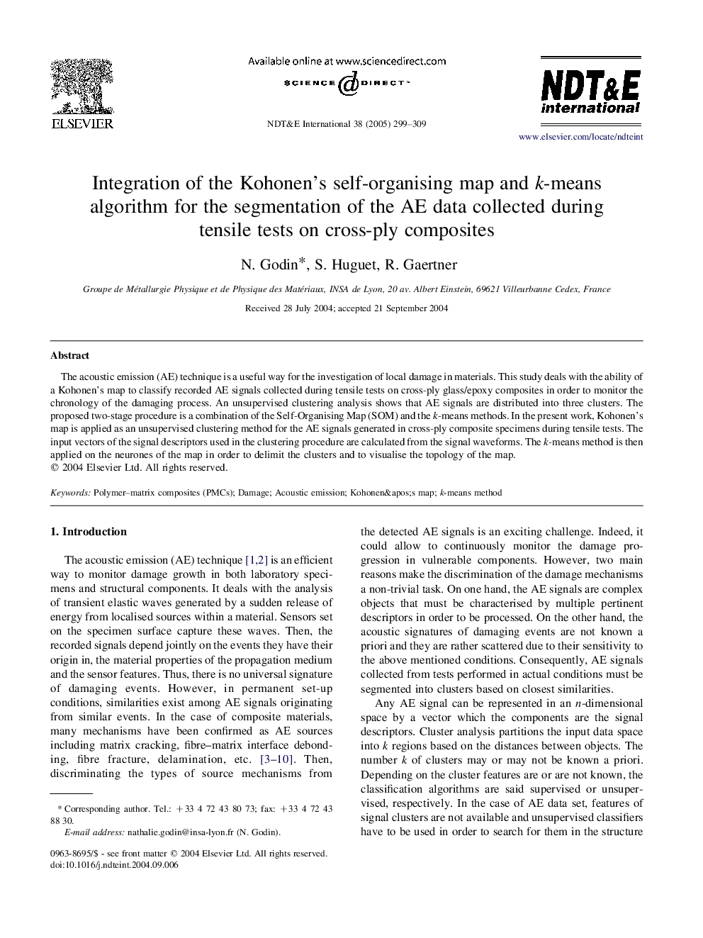 Integration of the Kohonen's self-organising map and k-means algorithm for the segmentation of the AE data collected during tensile tests on cross-ply composites