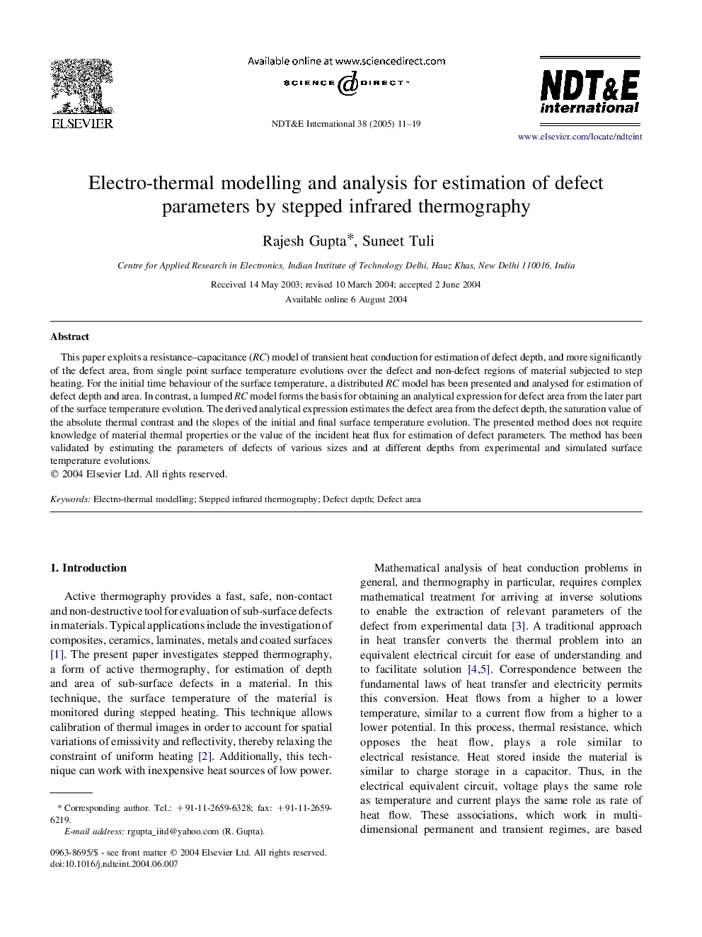 Electro-thermal modelling and analysis for estimation of defect parameters by stepped infrared thermography