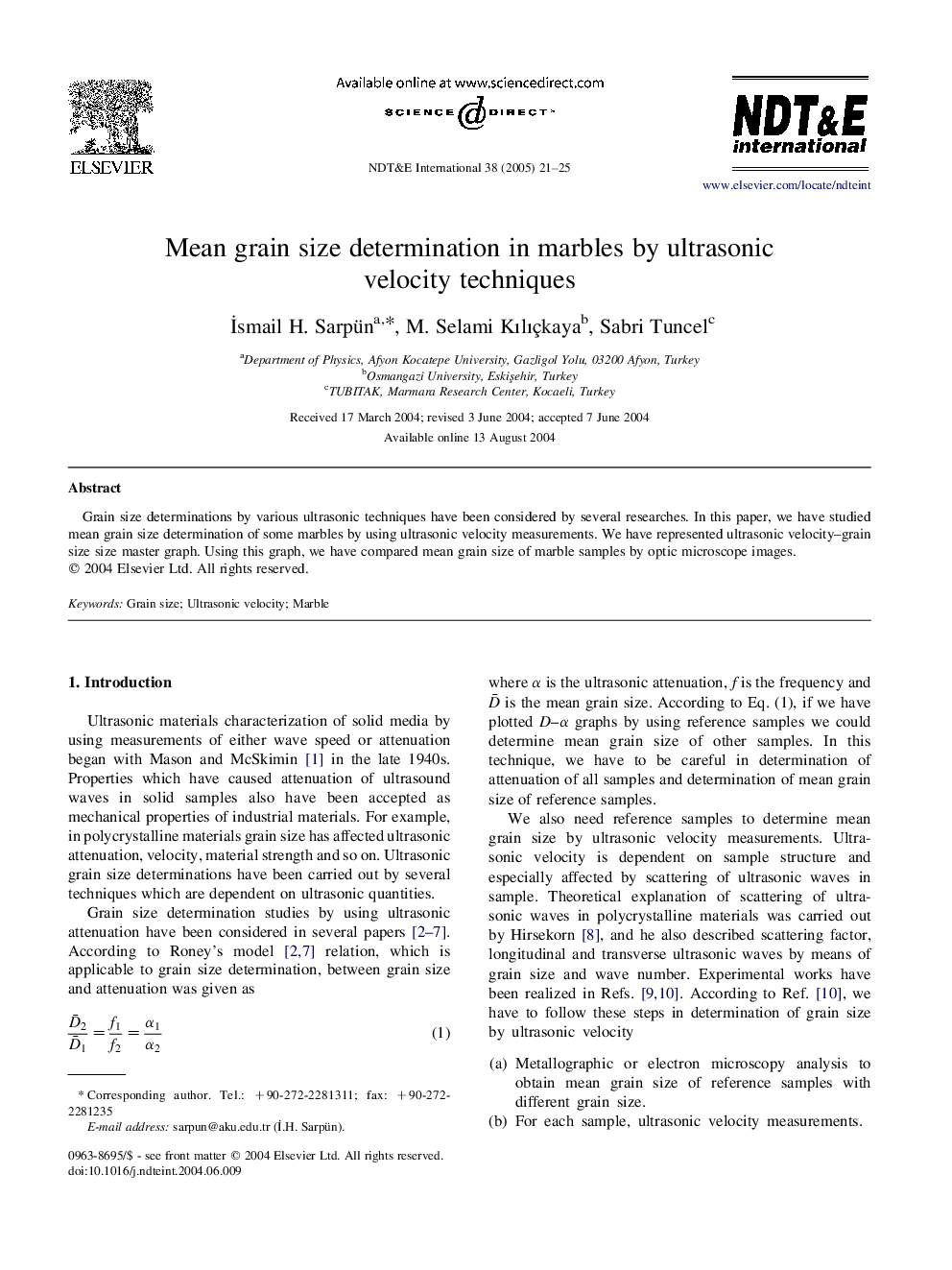 Mean grain size determination in marbles by ultrasonic velocity techniques