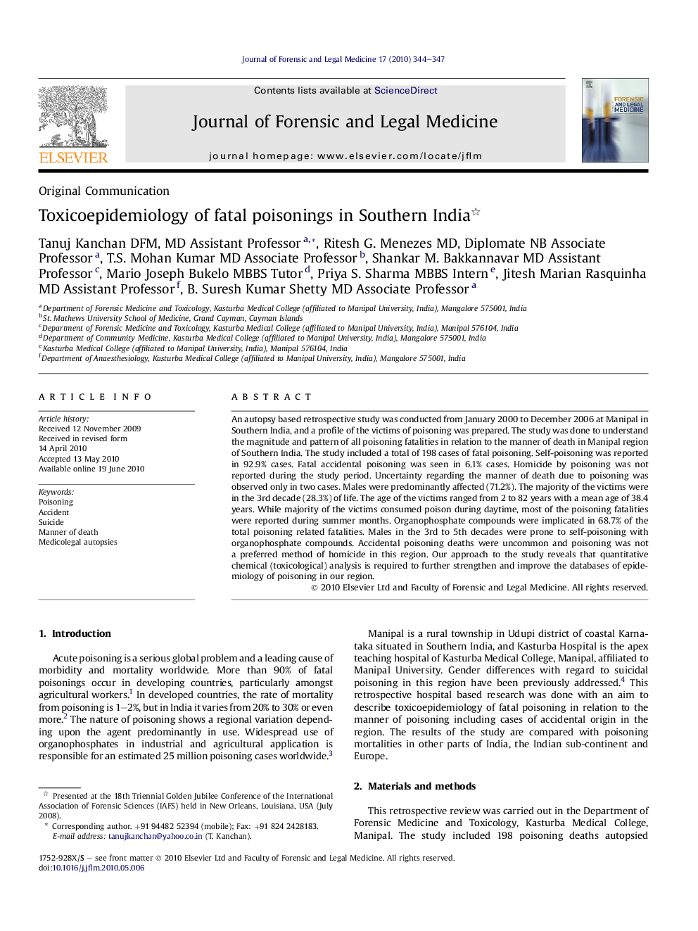 Toxicoepidemiology of fatal poisonings in Southern India 