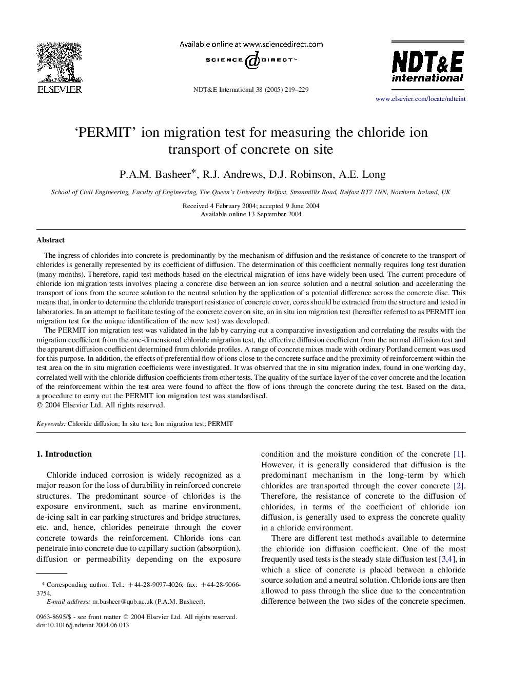 'PERMIT' ion migration test for measuring the chloride ion transport of concrete on site