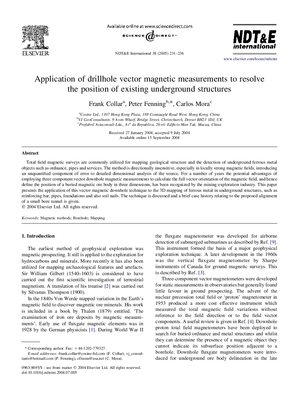 Application of drillhole vector magnetic measurements to resolve the position of existing underground structures