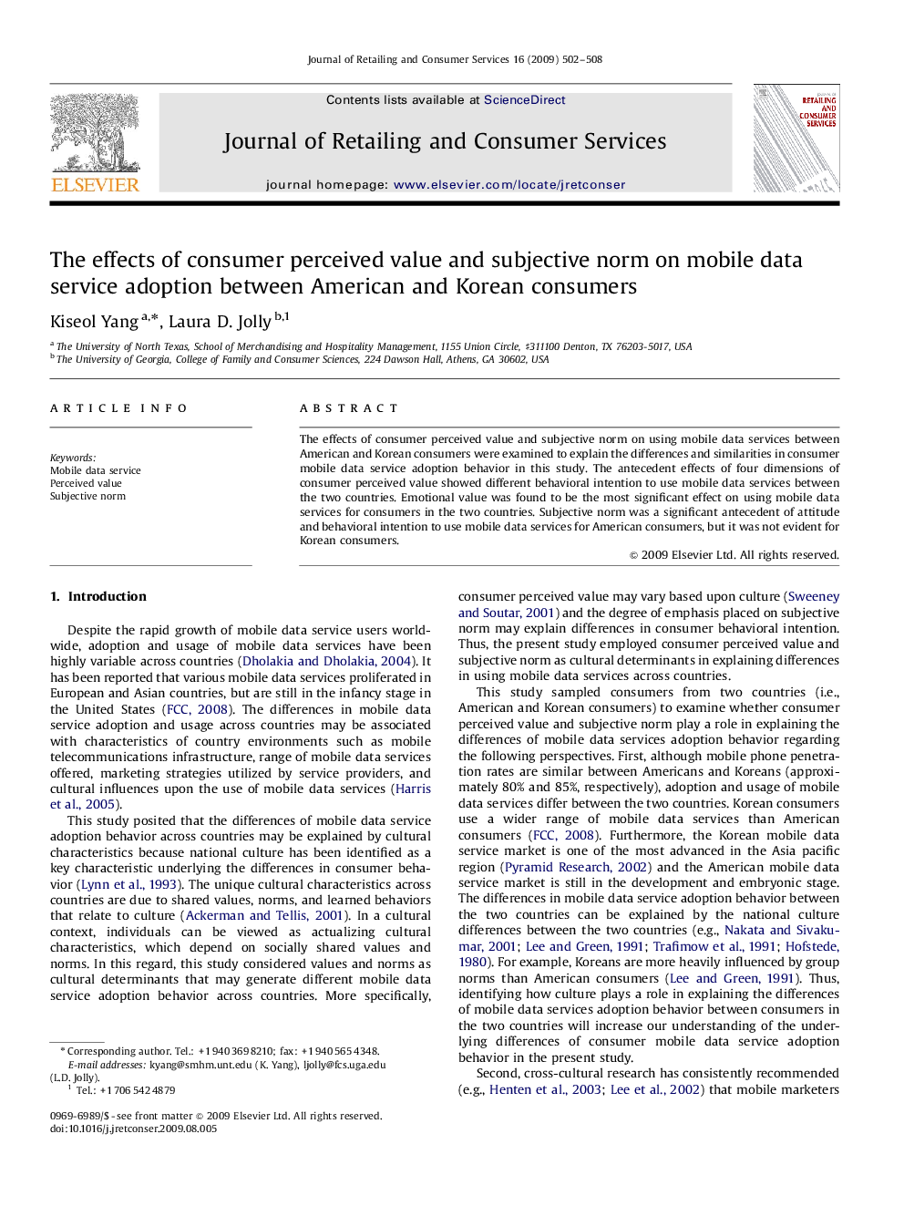 The effects of consumer perceived value and subjective norm on mobile data service adoption between American and Korean consumers