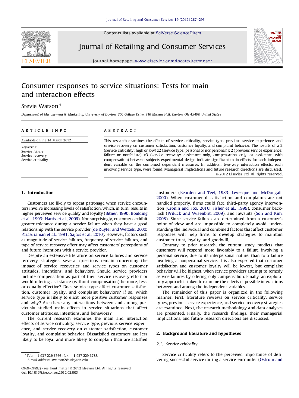 Consumer responses to service situations: Tests for main and interaction effects