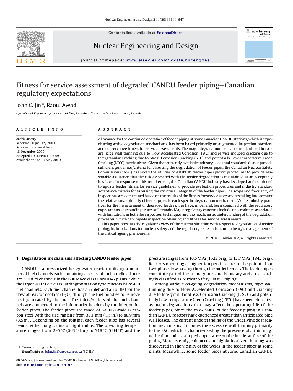 Fitness for service assessment of degraded CANDU feeder piping-Canadian regulatory expectations