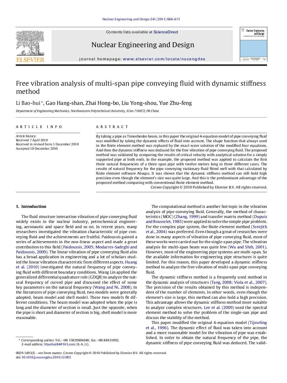 Free vibration analysis of multi-span pipe conveying fluid with dynamic stiffness method