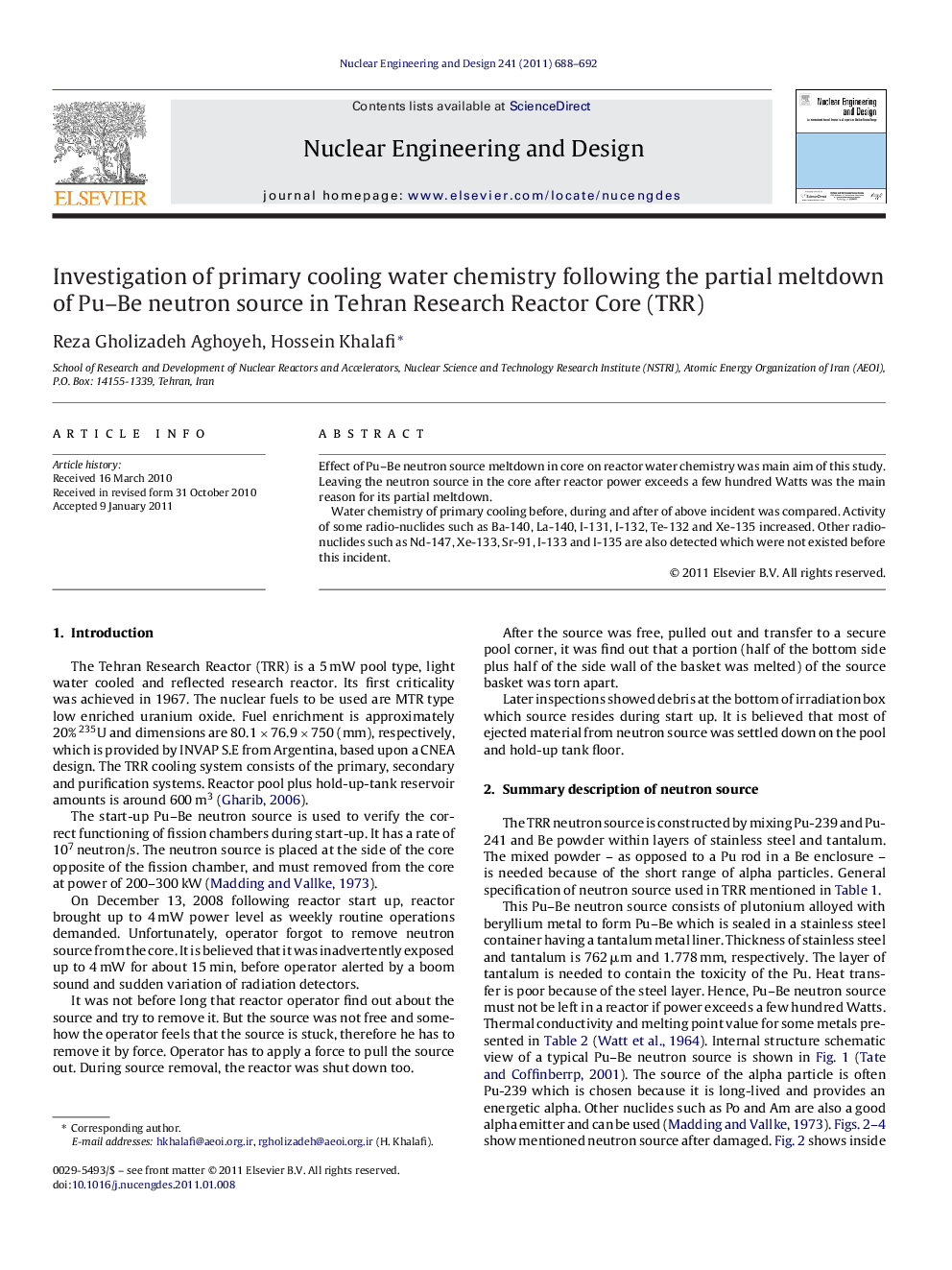 Investigation of primary cooling water chemistry following the partial meltdown of Pu-Be neutron source in Tehran Research Reactor Core (TRR)