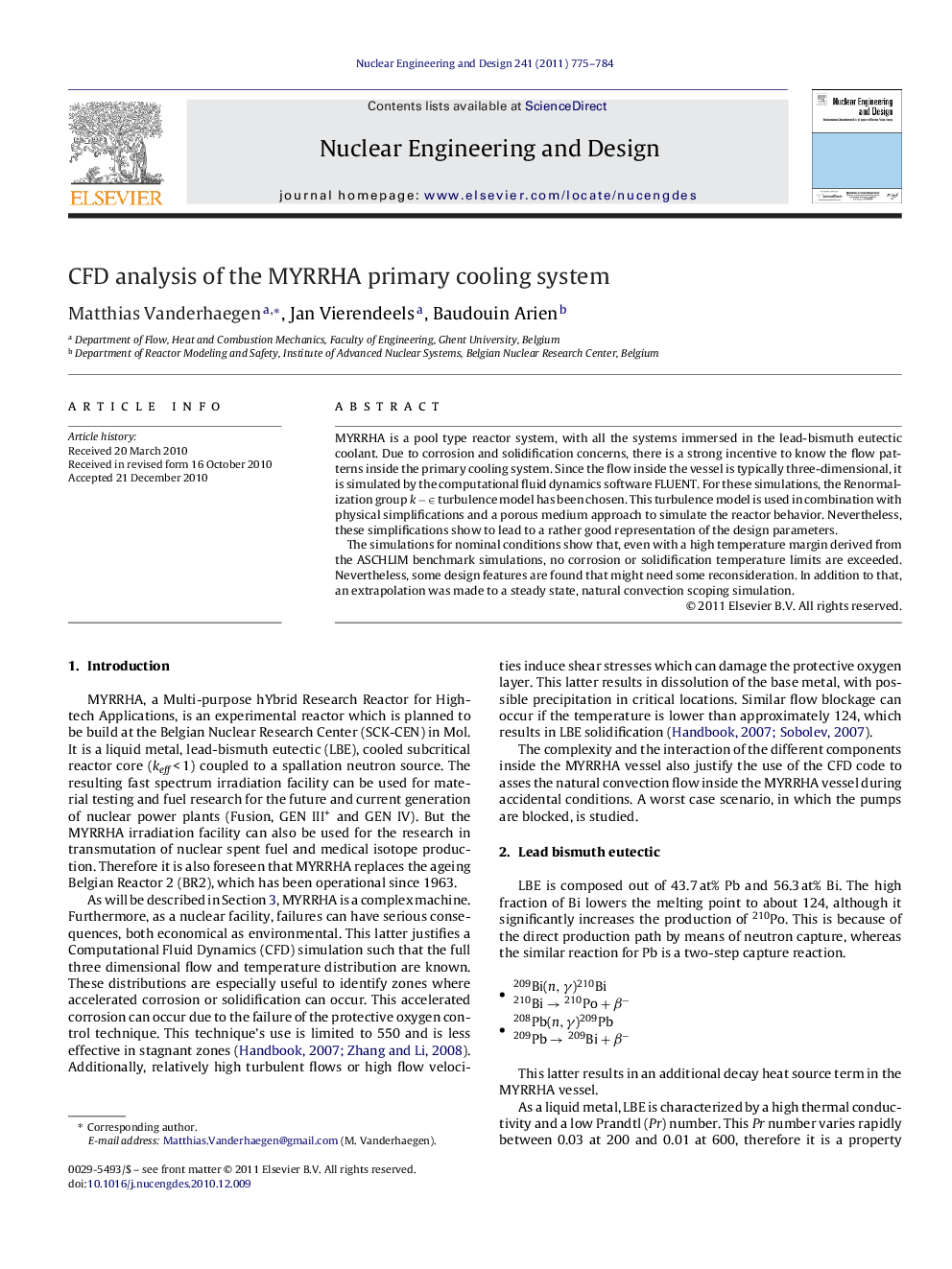عکس صفحه اول مقاله: CFD analysis of the MYRRHA primary cooling system CFD analysis of the MYRRHA primary cooling system