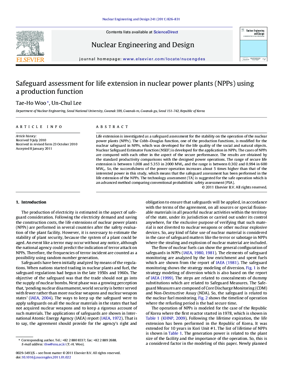 Safeguard assessment for life extension in nuclear power plants (NPPs) using a production function