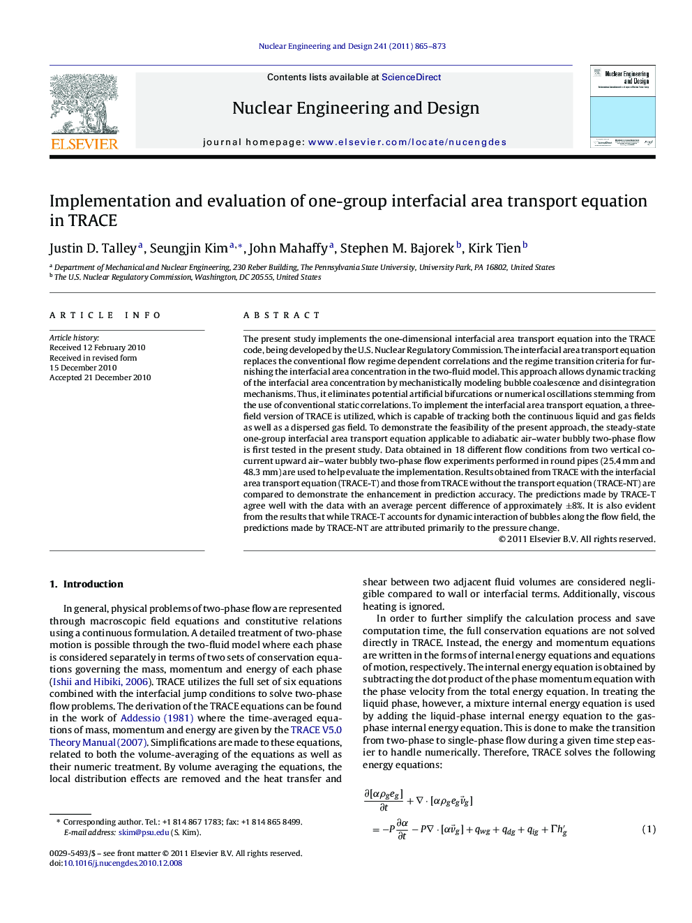 عکس صفحه اول مقاله: Implementation and evaluation of one-group interfacial area transport equation in TRACE Implementation and evaluation of one-group interfacial area transport equation in TRACE