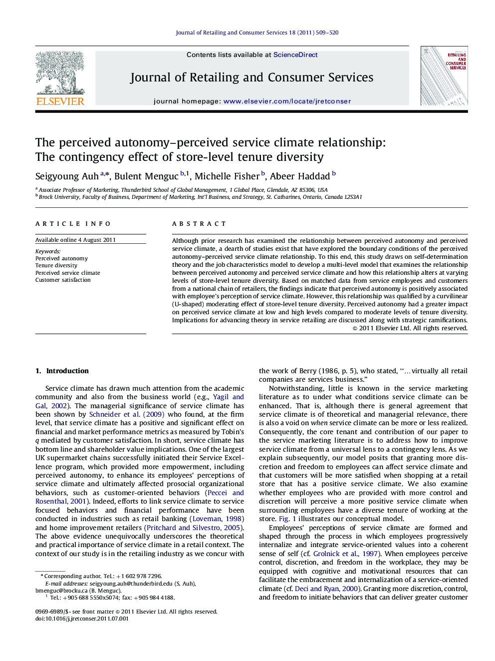 The perceived autonomy–perceived service climate relationship: The contingency effect of store-level tenure diversity