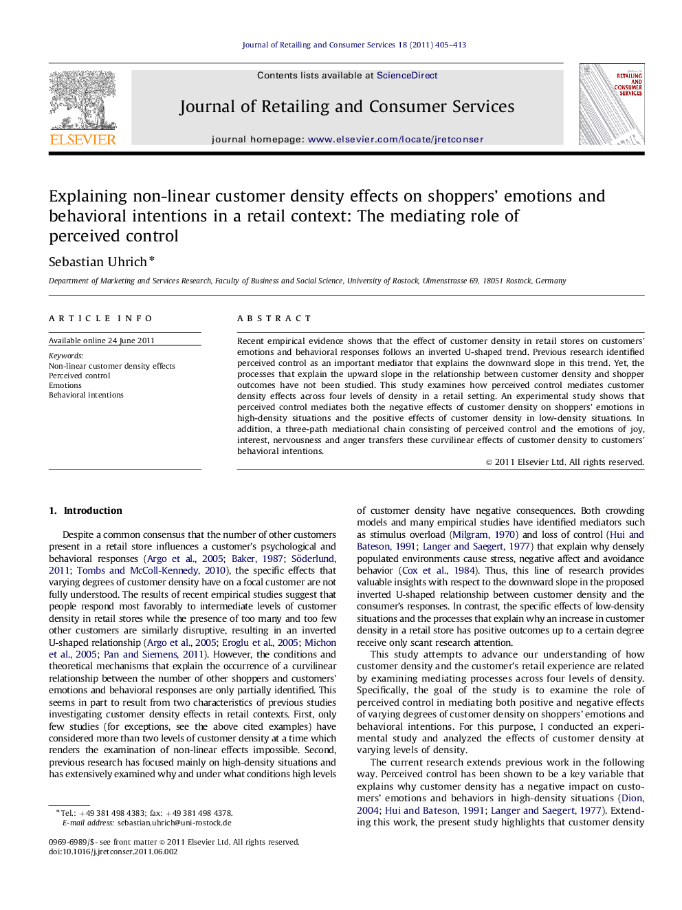 Explaining non-linear customer density effects on shoppers’ emotions and behavioral intentions in a retail context: The mediating role of perceived control