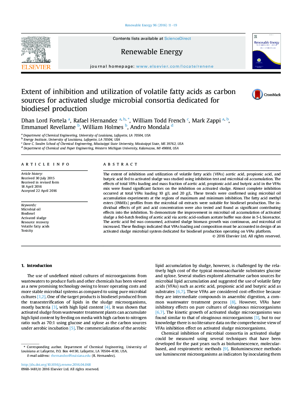 Extent of inhibition and utilization of volatile fatty acids as carbon sources for activated sludge microbial consortia dedicated for biodiesel production
