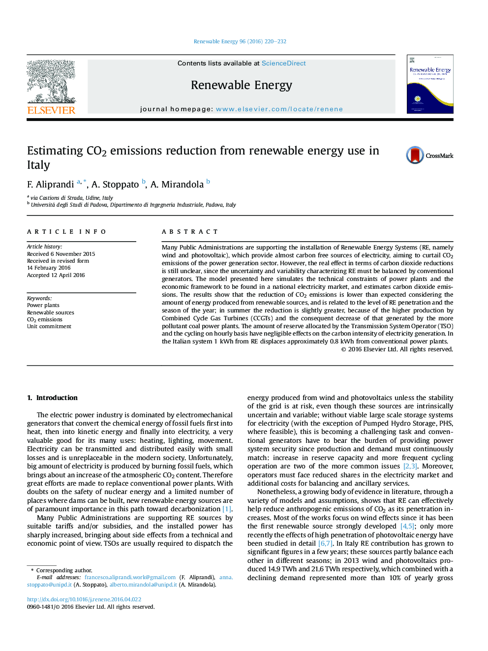 Estimating CO2 emissions reduction from renewable energy use in Italy
