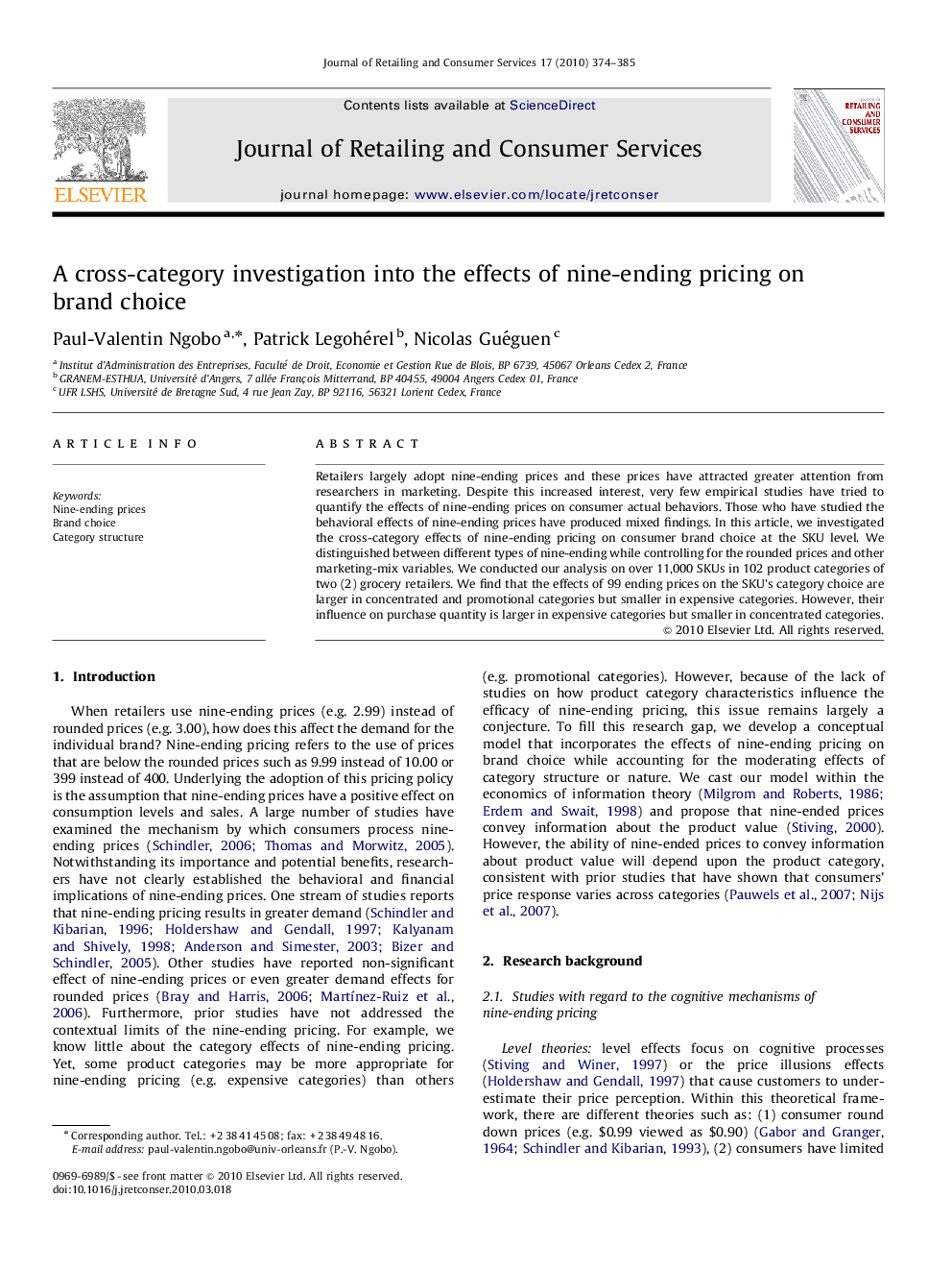 A cross-category investigation into the effects of nine-ending pricing on brand choice