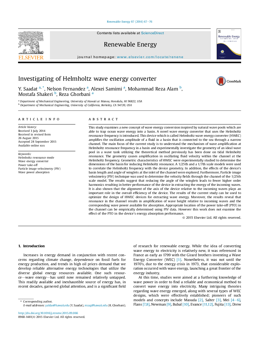 Investigating of Helmholtz wave energy converter