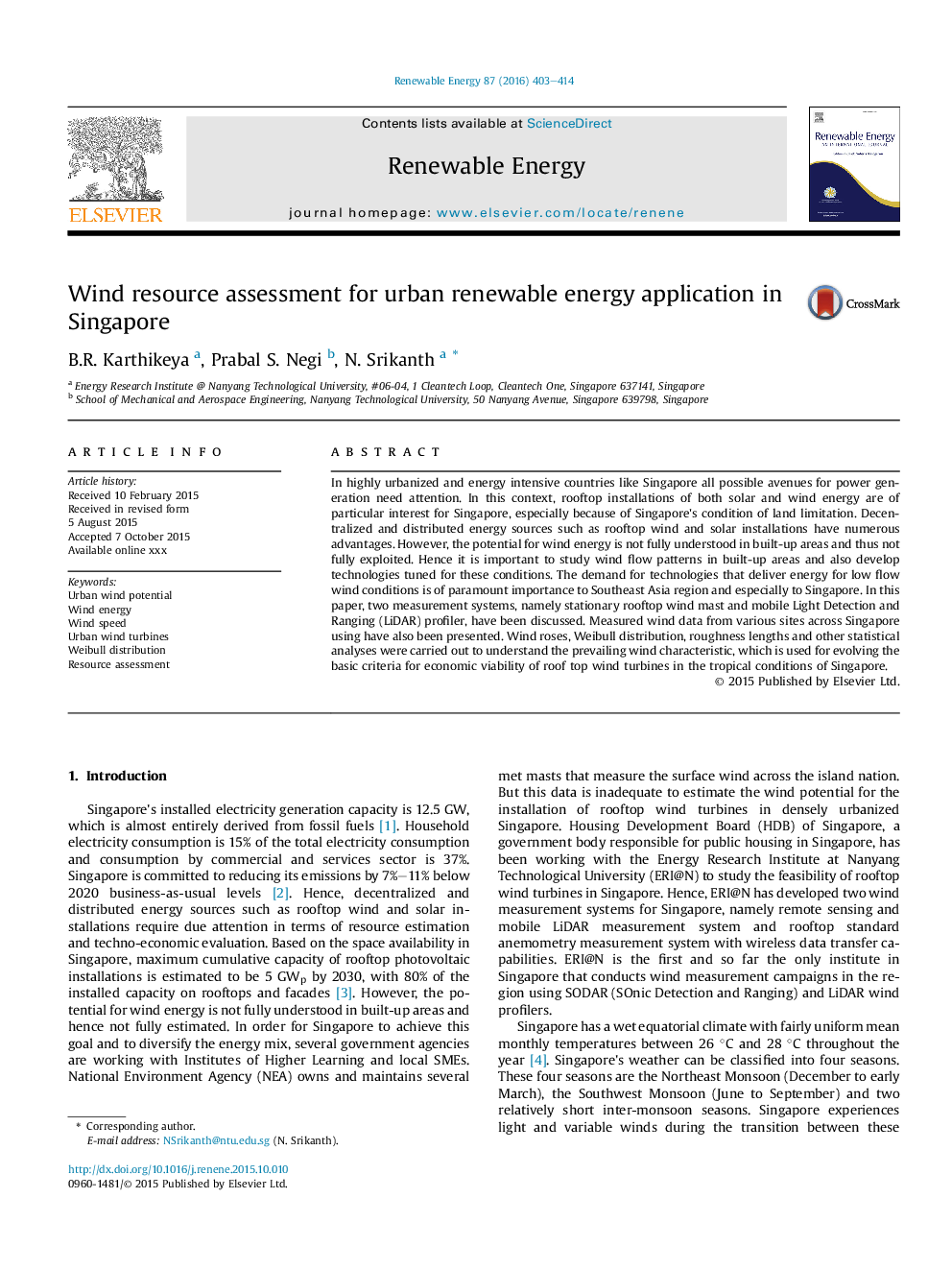 Wind resource assessment for urban renewable energy application in Singapore