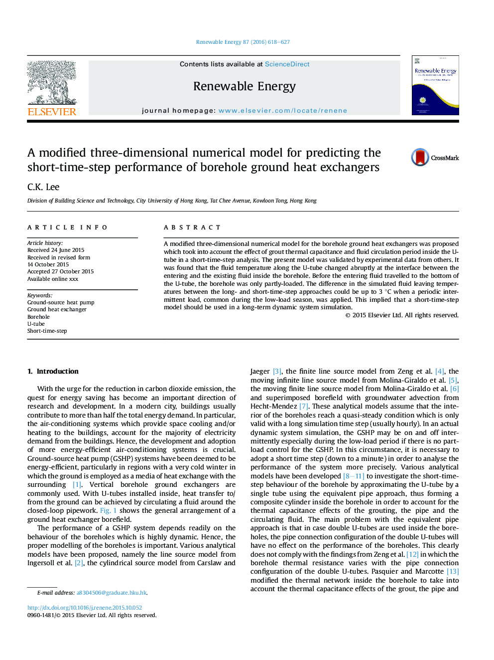 A modified three-dimensional numerical model for predicting the short-time-step performance of borehole ground heat exchangers