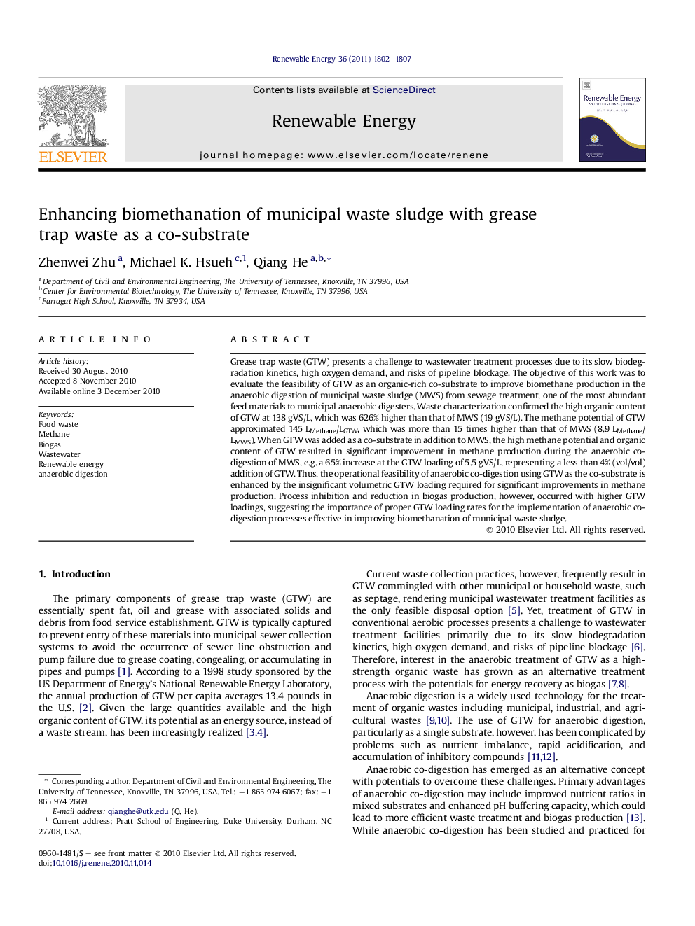 Enhancing biomethanation of municipal waste sludge with grease trap waste as a co-substrate