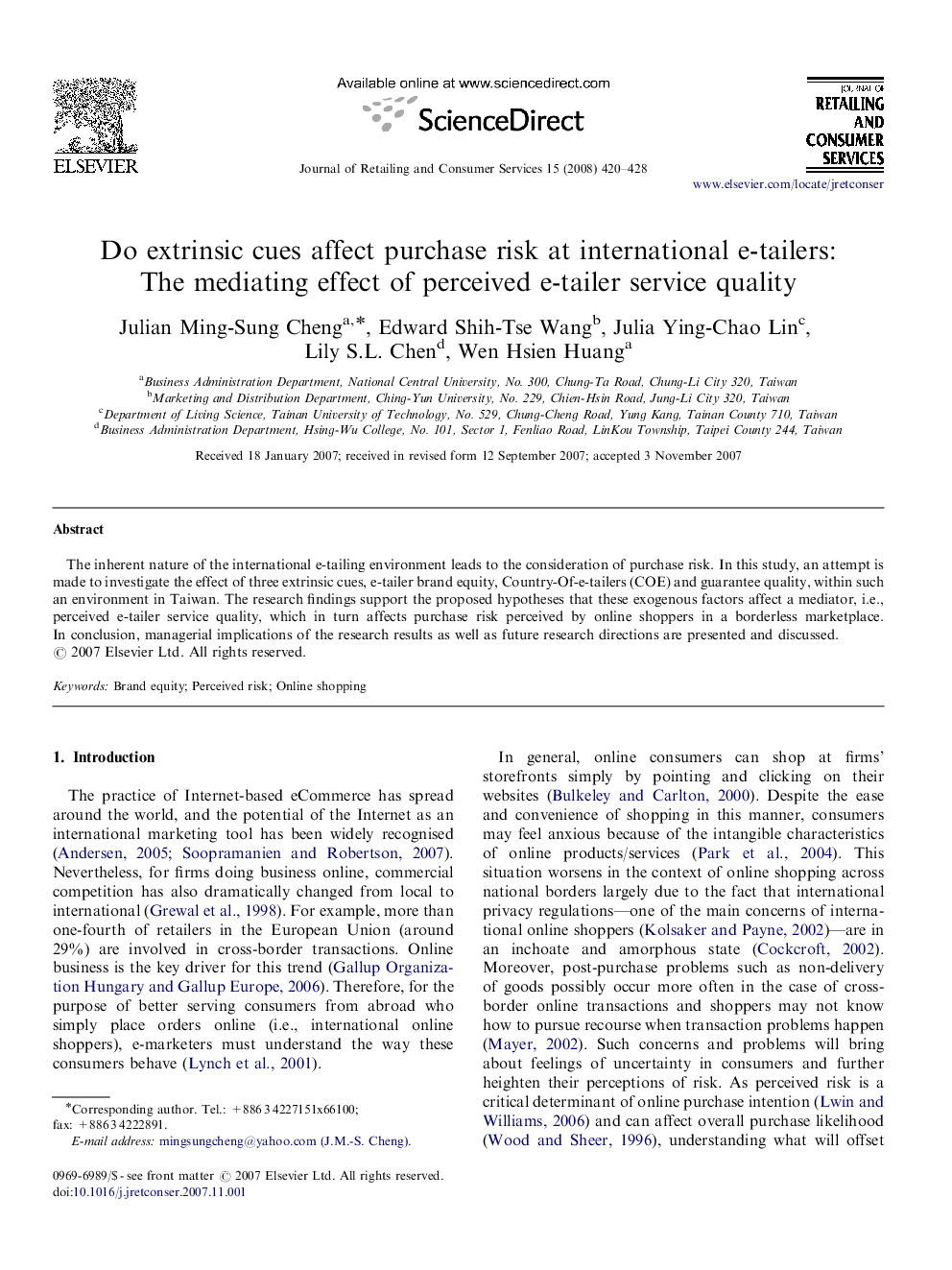 Do extrinsic cues affect purchase risk at international e-tailers: The mediating effect of perceived e-tailer service quality