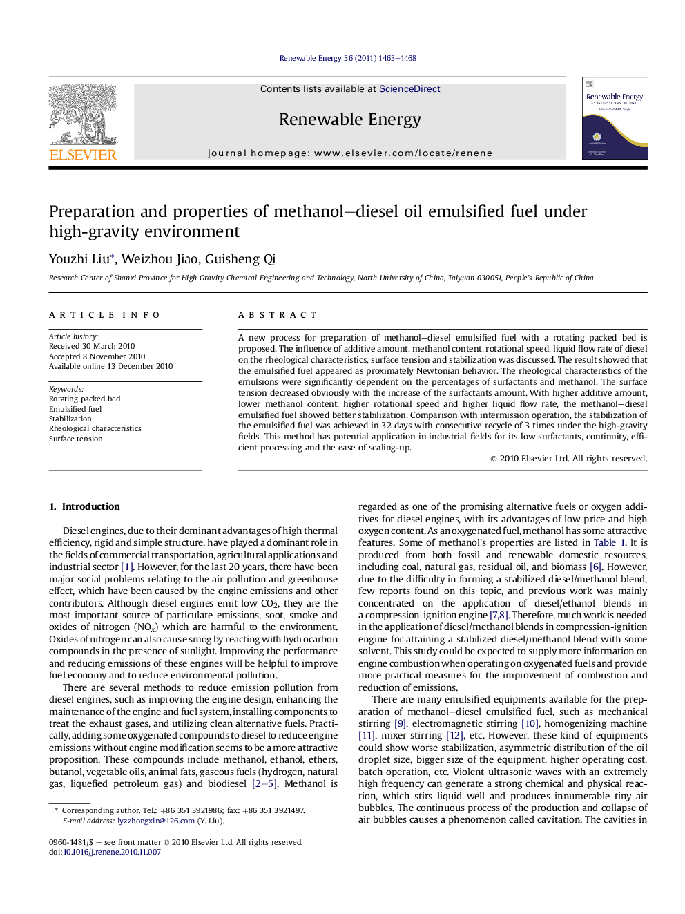 Preparation and properties of methanol-diesel oil emulsified fuel under high-gravity environment