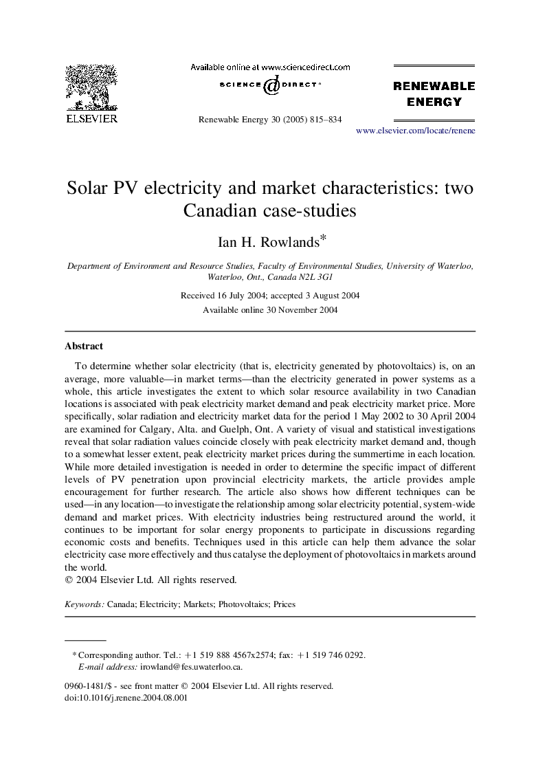 Solar PV electricity and market characteristics: two Canadian case-studies