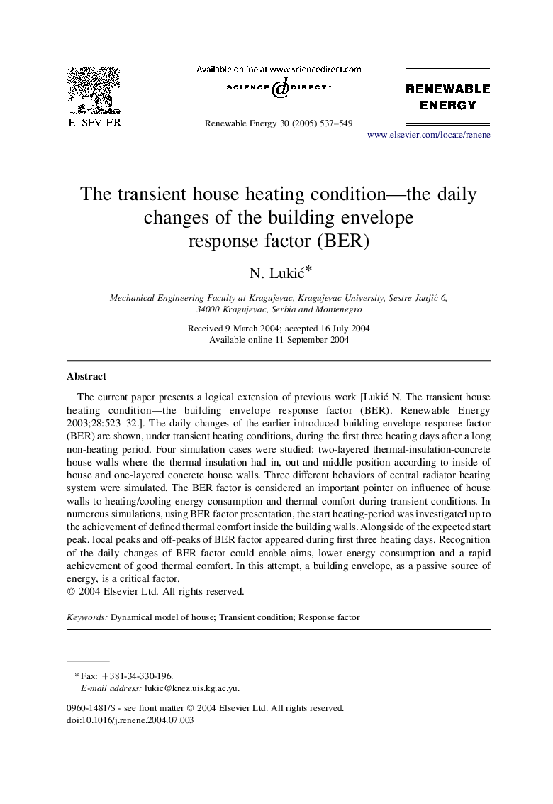 The transient house heating condition-the daily changes of the building envelope response factor (BER)