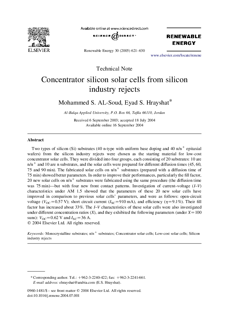 Concentrator silicon solar cells from silicon industry rejects