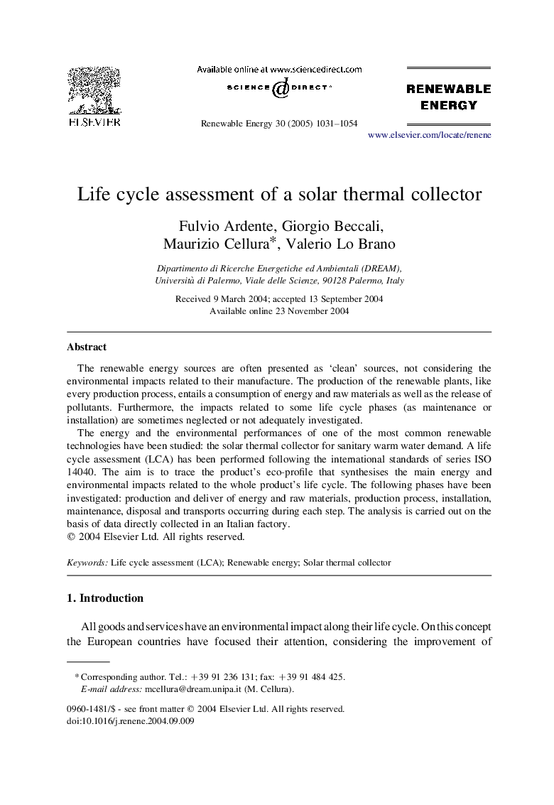 Life cycle assessment of a solar thermal collector