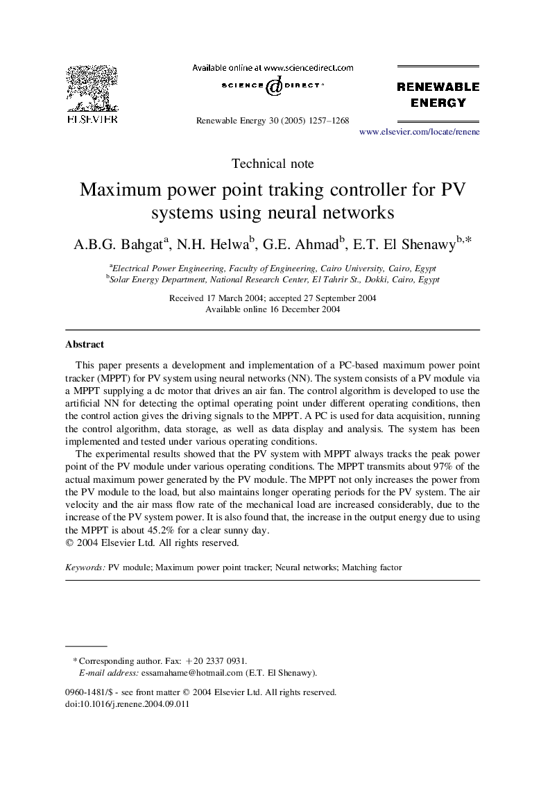 Maximum power point traking controller for PV systems using neural networks