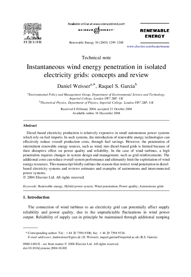 Instantaneous wind energy penetration in isolated electricity grids: concepts and review