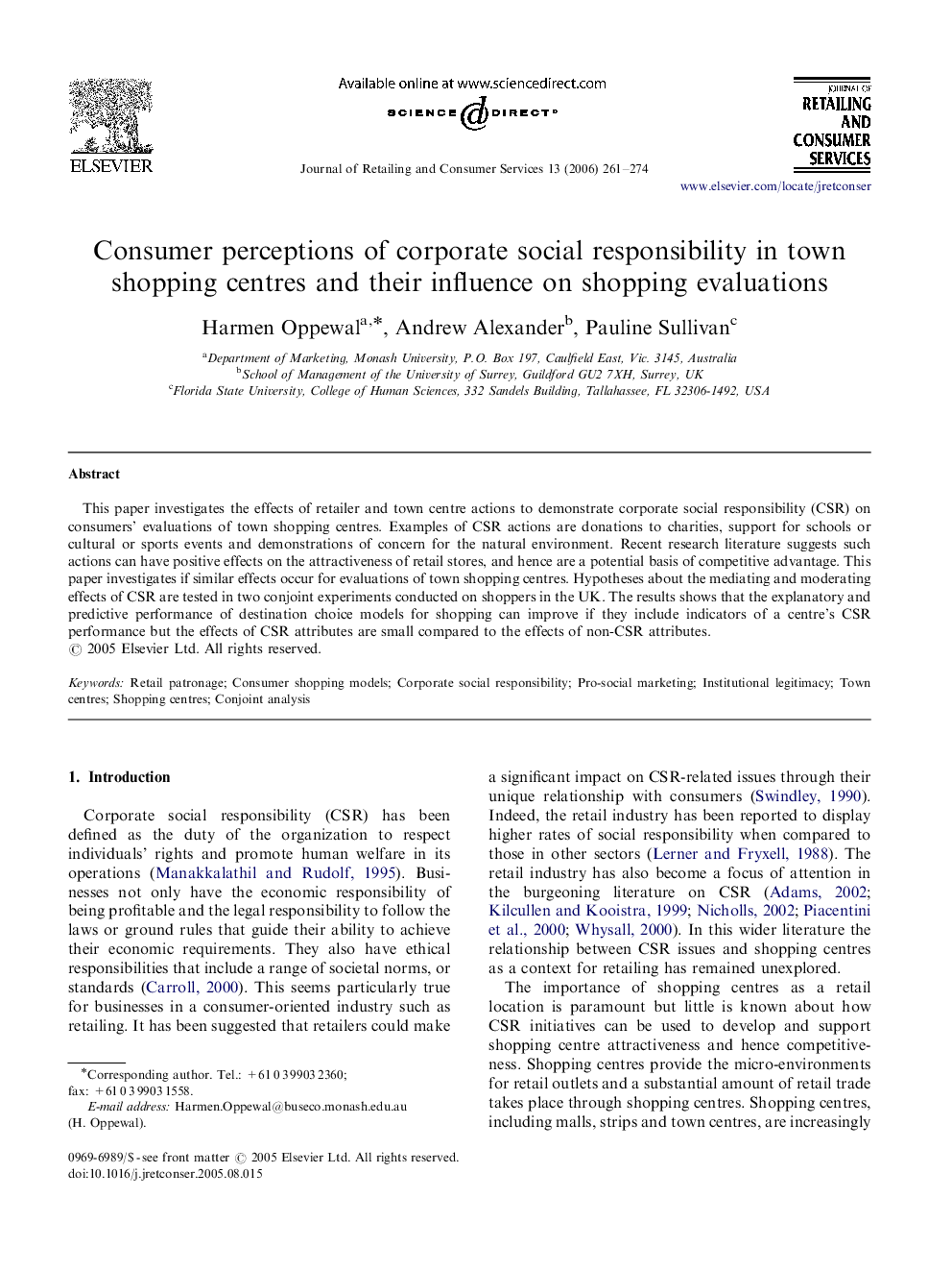 Consumer perceptions of corporate social responsibility in town shopping centres and their influence on shopping evaluations