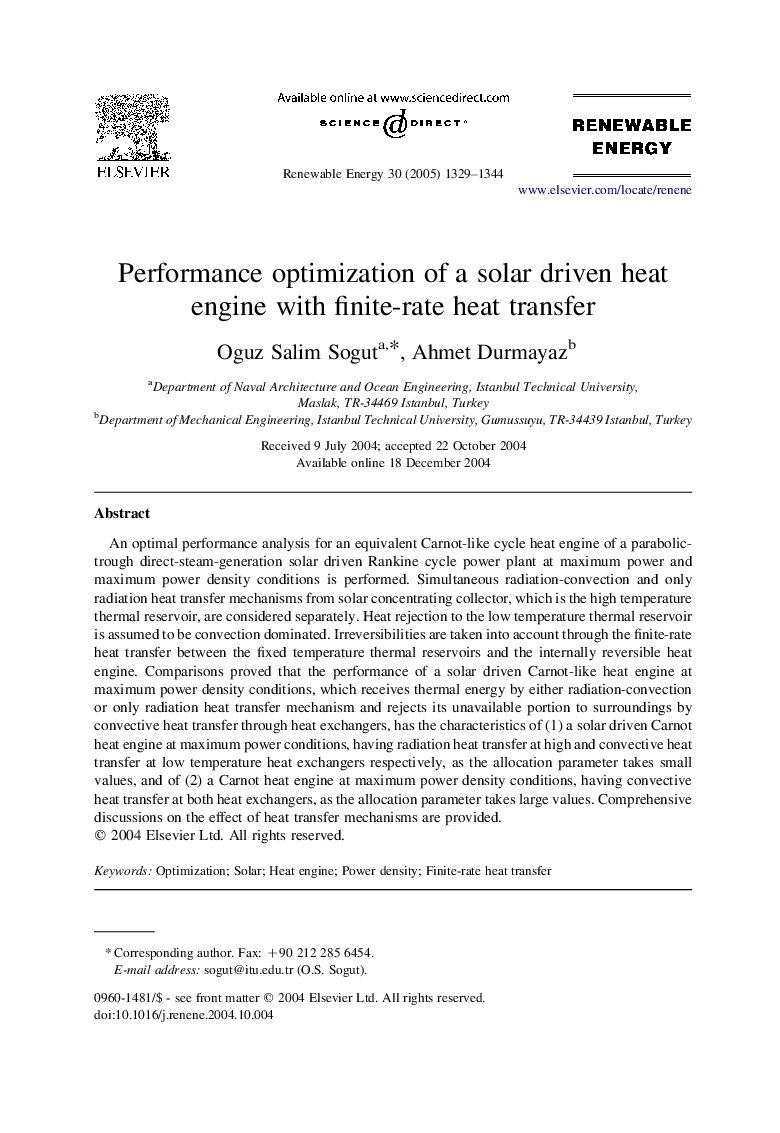 Performance optimization of a solar driven heat engine with finite-rate heat transfer