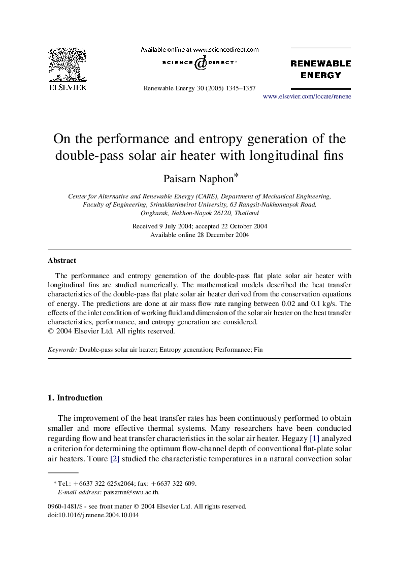 On the performance and entropy generation of the double-pass solar air heater with longitudinal fins