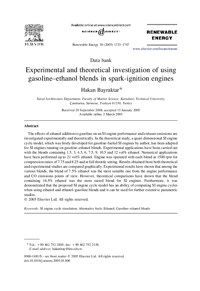 Experimental and theoretical investigation of using gasoline-ethanol blends in spark-ignition engines