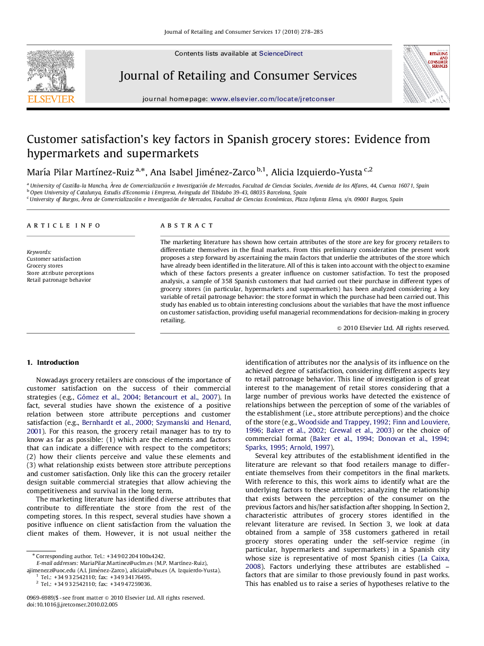 Customer satisfaction's key factors in Spanish grocery stores: Evidence from hypermarkets and supermarkets