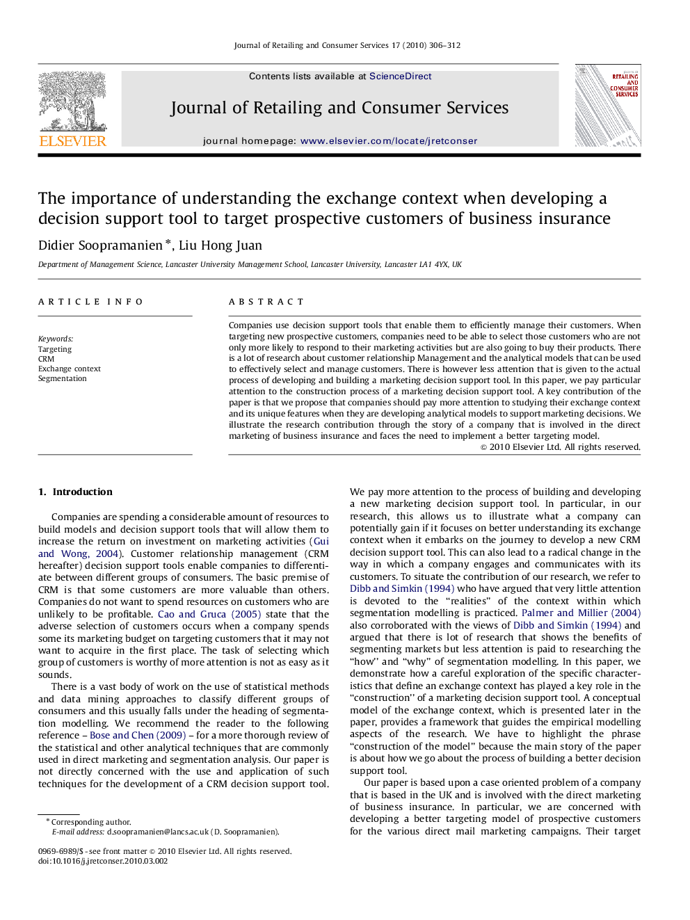 The importance of understanding the exchange context when developing a decision support tool to target prospective customers of business insurance