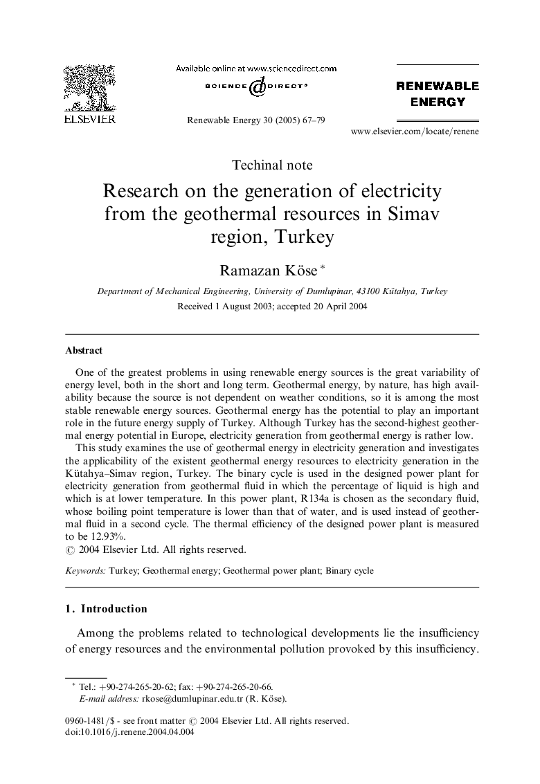 Research on the generation of electricity from the geothermal resources in Simav region, Turkey