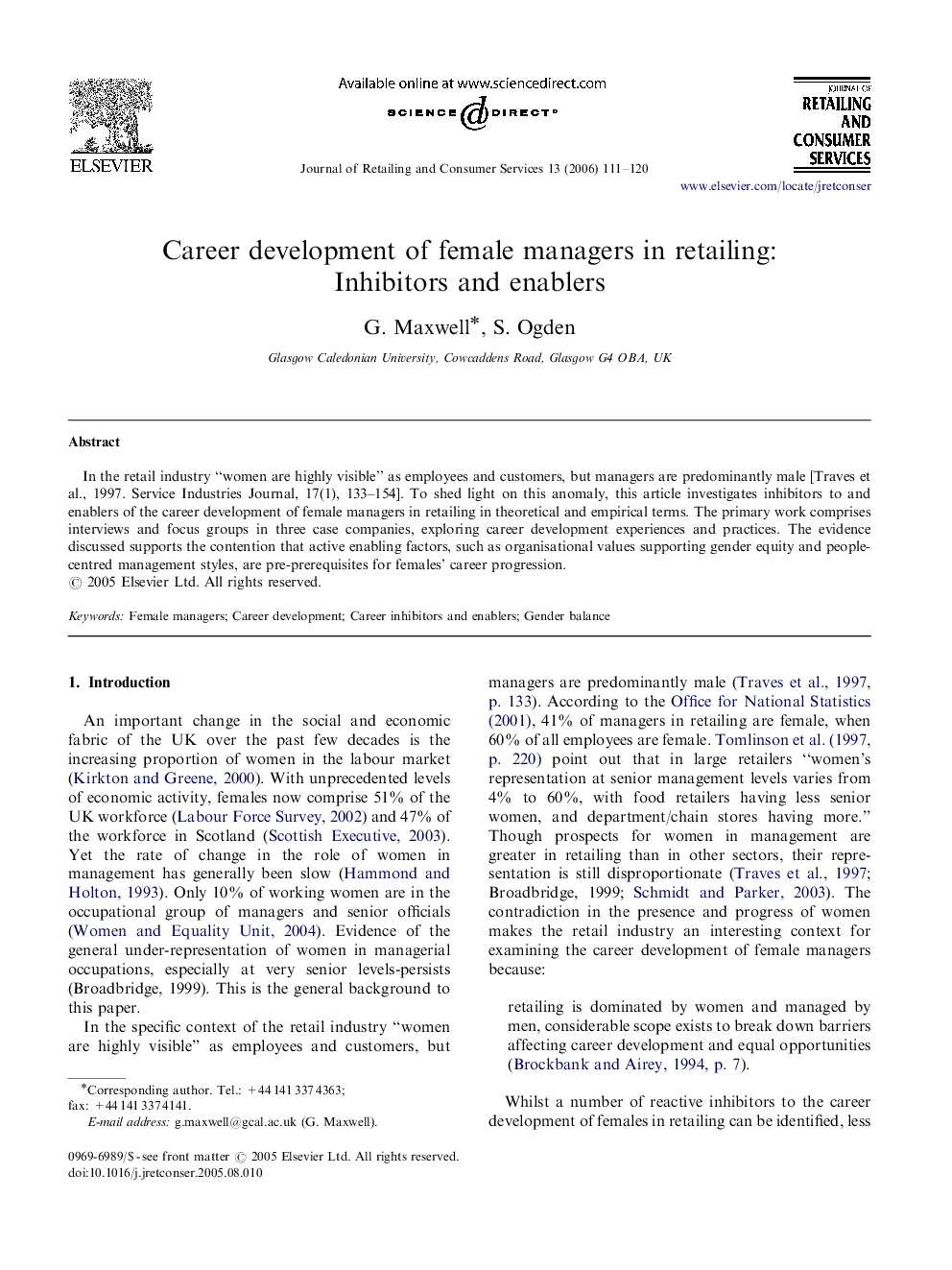 Career development of female managers in retailing: Inhibitors and enablers