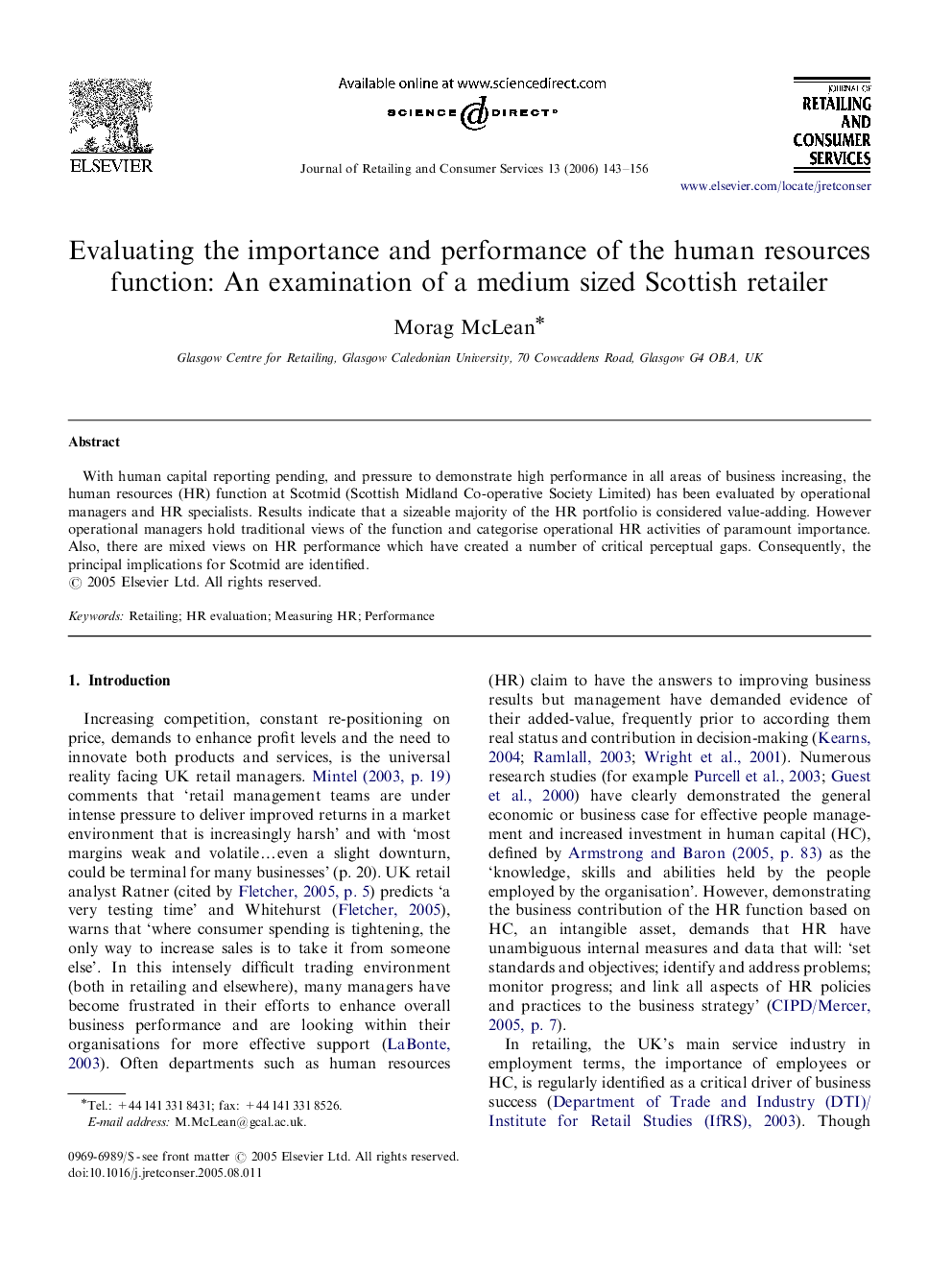 Evaluating the importance and performance of the human resources function: An examination of a medium sized Scottish retailer