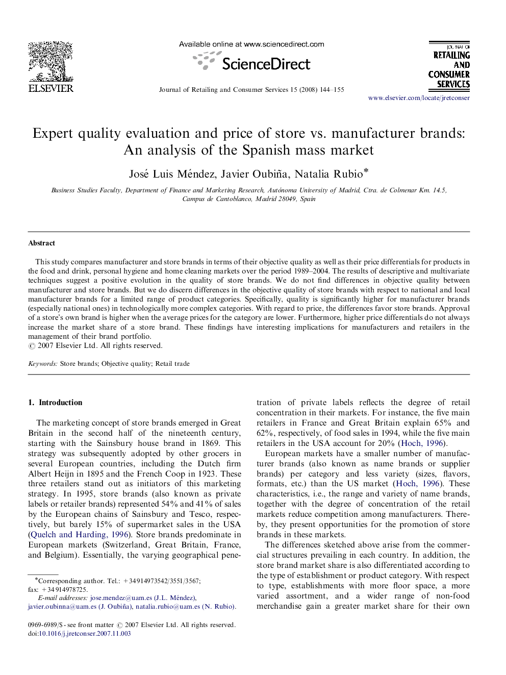 Expert quality evaluation and price of store vs. manufacturer brands: An analysis of the Spanish mass market