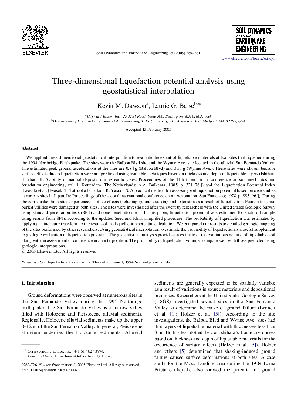 Three-dimensional liquefaction potential analysis using geostatistical interpolation