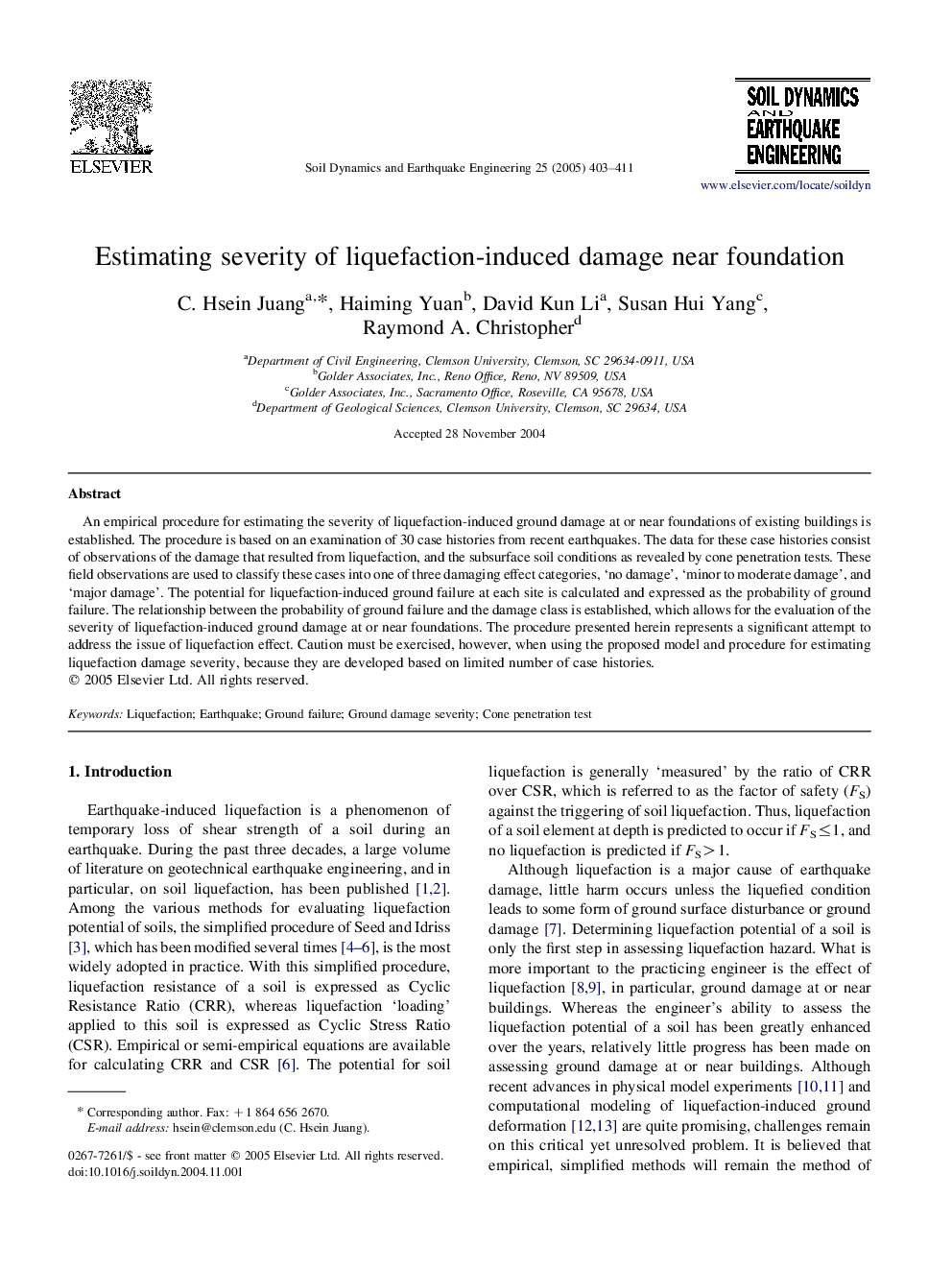 Estimating severity of liquefaction-induced damage near foundation