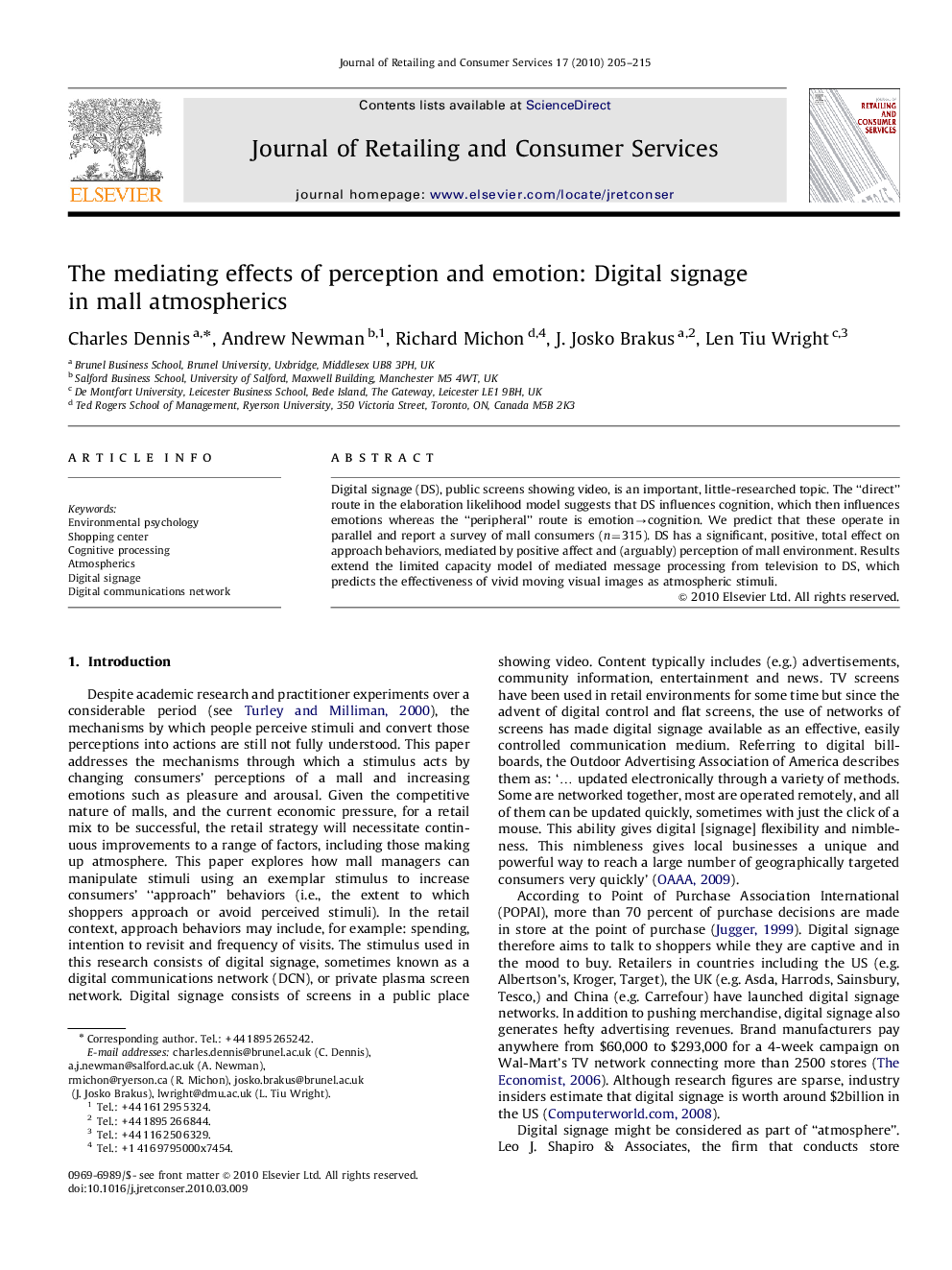 The mediating effects of perception and emotion: Digital signage in mall atmospherics