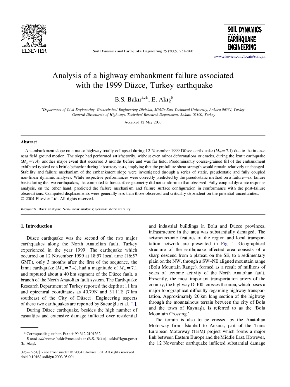 Analysis of a highway embankment failure associated with the 1999 Düzce, Turkey earthquake