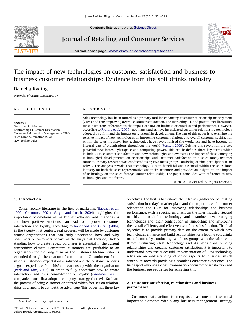 The impact of new technologies on customer satisfaction and business to business customer relationships: Evidence from the soft drinks industry