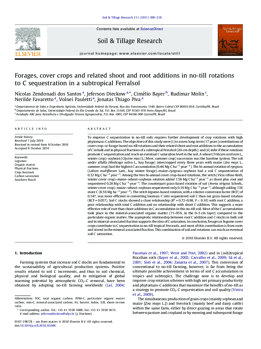 Forages, cover crops and related shoot and root additions in no-till rotations to C sequestration in a subtropical Ferralsol