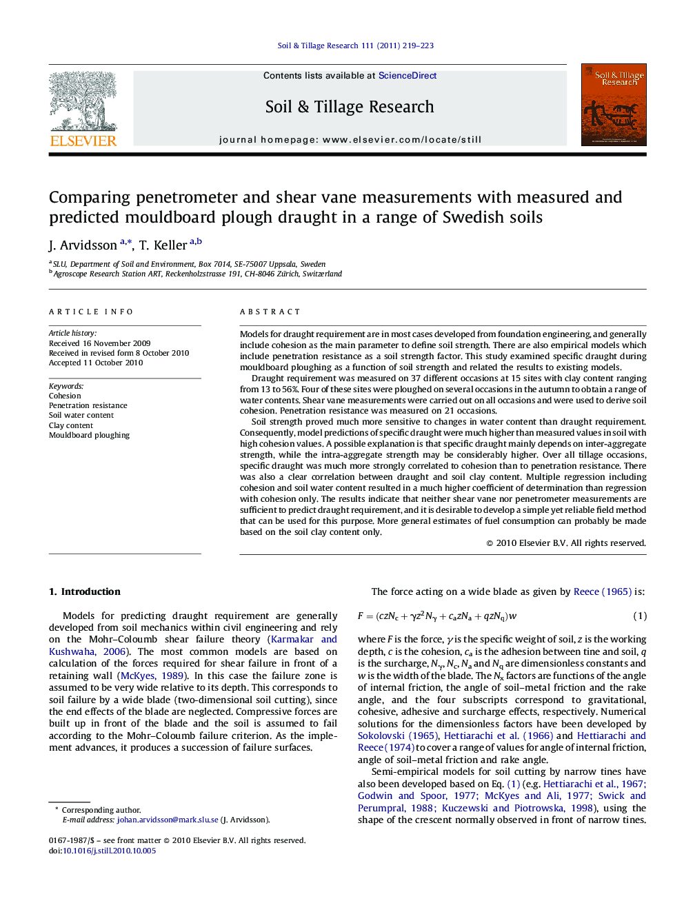 Comparing penetrometer and shear vane measurements with measured and predicted mouldboard plough draught in a range of Swedish soils